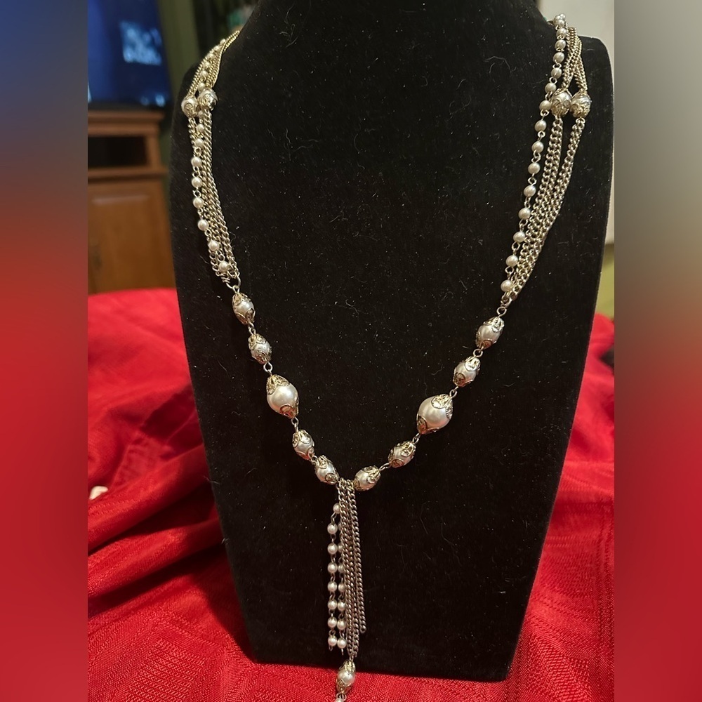 Silver Tassel Pendant Necklace with Bead Detailing